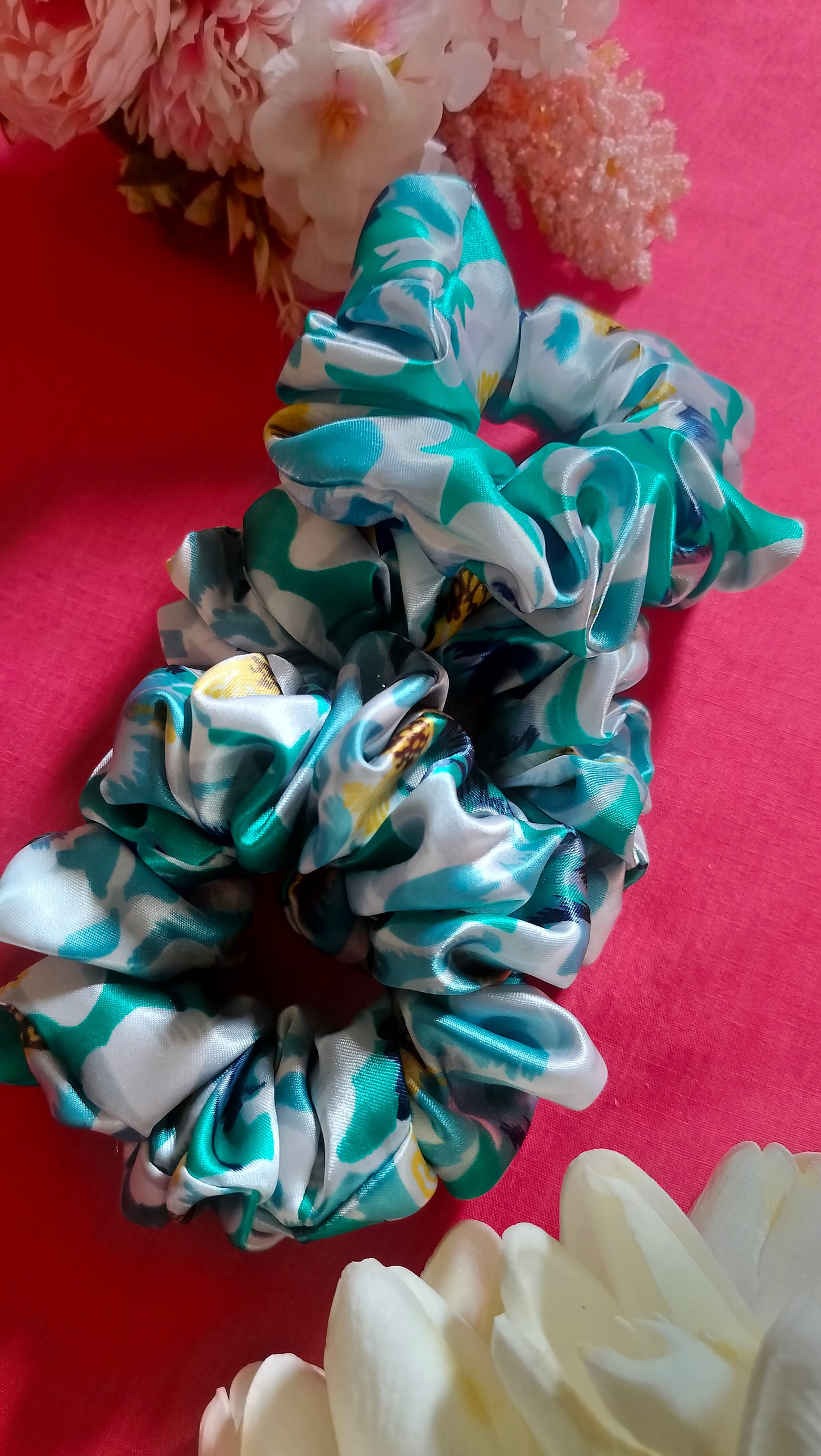 Teal Floral Scrunchie