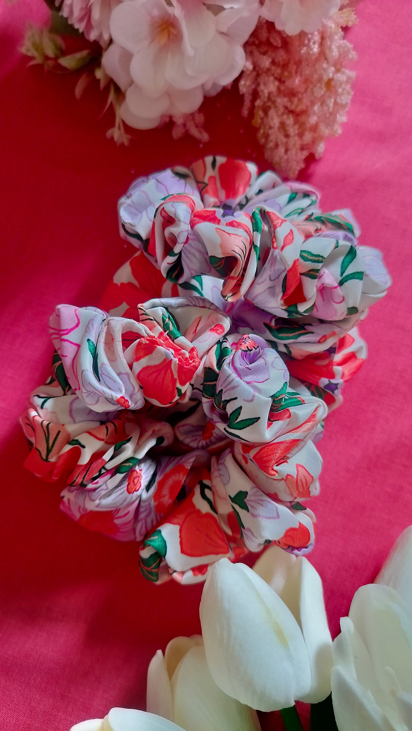 Orangey Green Floral Scrunchie